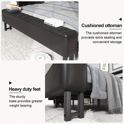 Metal Platform Bed with Storage Ottoman, Upholstered Headboard, Starry Sky Lighting Design, and Reinforced Bed Legs, Easy to Assemble