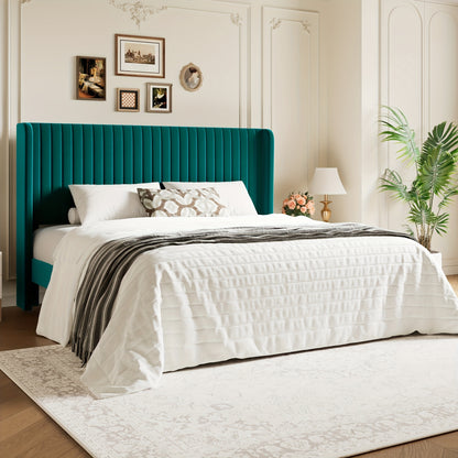 [Velvet Platform Bed Frame] WEEWAY Wingback Velvet Upholstered Platform Bed Frame, Vertical Channel Tufted Headboard, Wooden Slats Support, Heavy Duty Mattress Foundation, No Box Spring Needed, Easy Assembly, Avabliable Full/Queen/King Size, Free Shipping