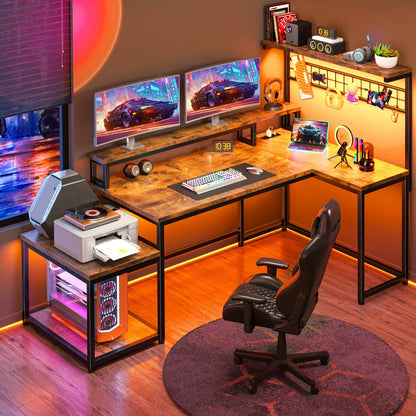 EnHomee 56" W/40"W Gaming Desk With LED Light, L Shaped Gaming Desk With Storage Shelf, Power Outlets, Long Monitor Stand, Computer Desks, Home Office Desks, L Shaped Desk, Desk, Desk, Computer Desk Desk Gaming