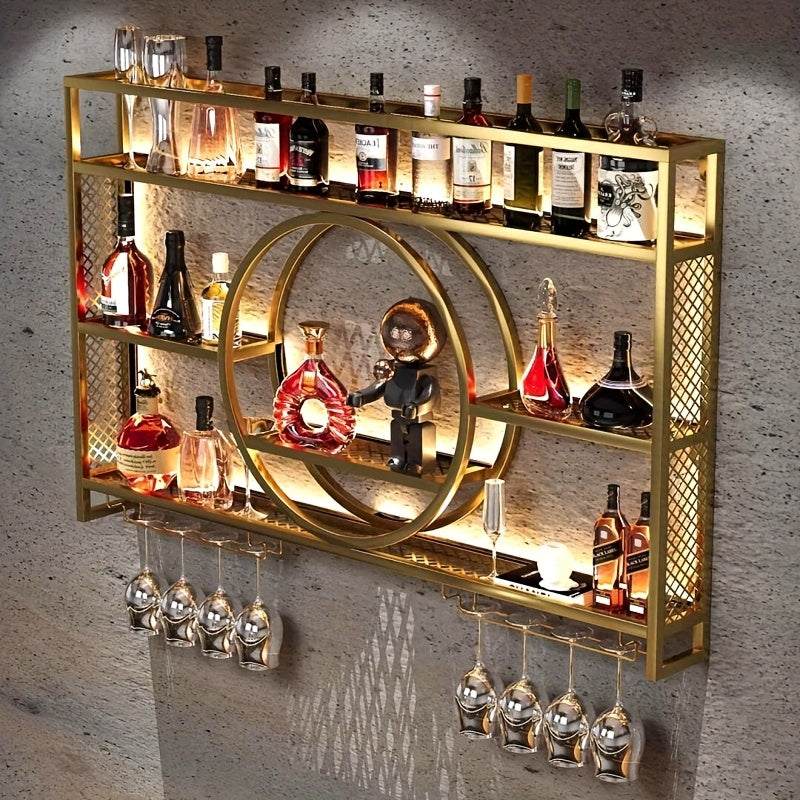 Bottle Rack with LED Lighting, Wall Mounted Glass Holder, 3-Tier Drink Storage Shelf, Floating Wall Display Rack, Iron Beverage Shelf with Glass Holder for Kitchen, Living Room, Bar Area -Golden/Black, Kitchen Organization, Modern Wine Shelf, Highquality