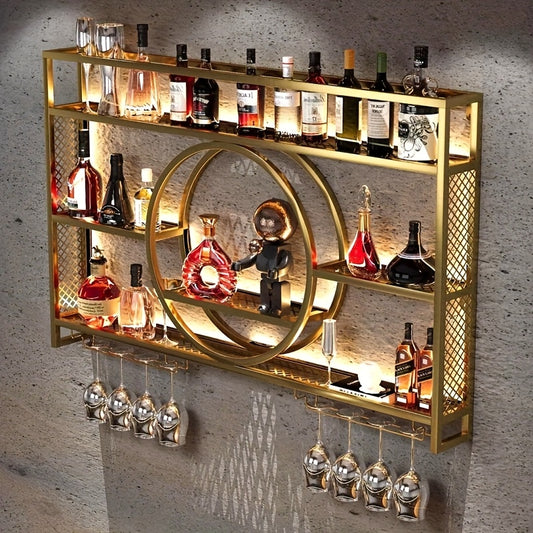 Bottle Rack with LED Lighting, Wall Mounted Glass Holder, 3-Tier Drink Storage Shelf, Floating Wall Display Rack, Iron Beverage Shelf with Glass Holder for Kitchen, Living Room, Bar Area -Golden/Black, Kitchen Organization, Modern Wine Shelf, Highquality