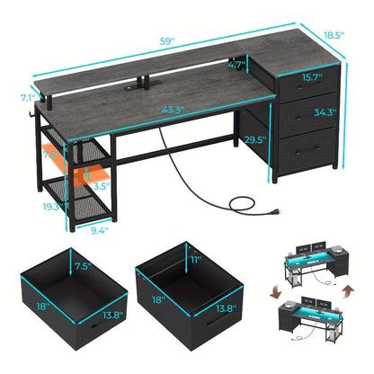 59-Inch Computer Desk with Charging Station and LED Lighting for Home Office detail image - detail view 4