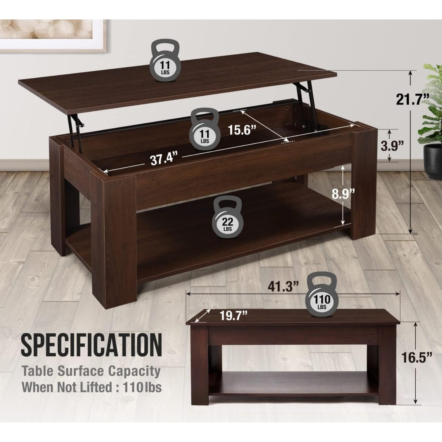 41" Lift Top Coffee Table with Hidden Storage Compartment & Rising Tabletop - Space-Saving Retro Modern Lift-Top Mechanism, Bottom Shelf Suitable for Home Office, Living Room, Reception Desk - Assembly Required, Wood