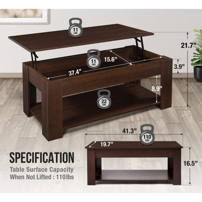 41" Lift Top Coffee Table with Hidden Storage Compartment & Rising Tabletop - Space-Saving Retro Modern Lift-Top Mechanism, Bottom Shelf Suitable for Home Office, Living Room, Reception Desk - Assembly Required, Wood