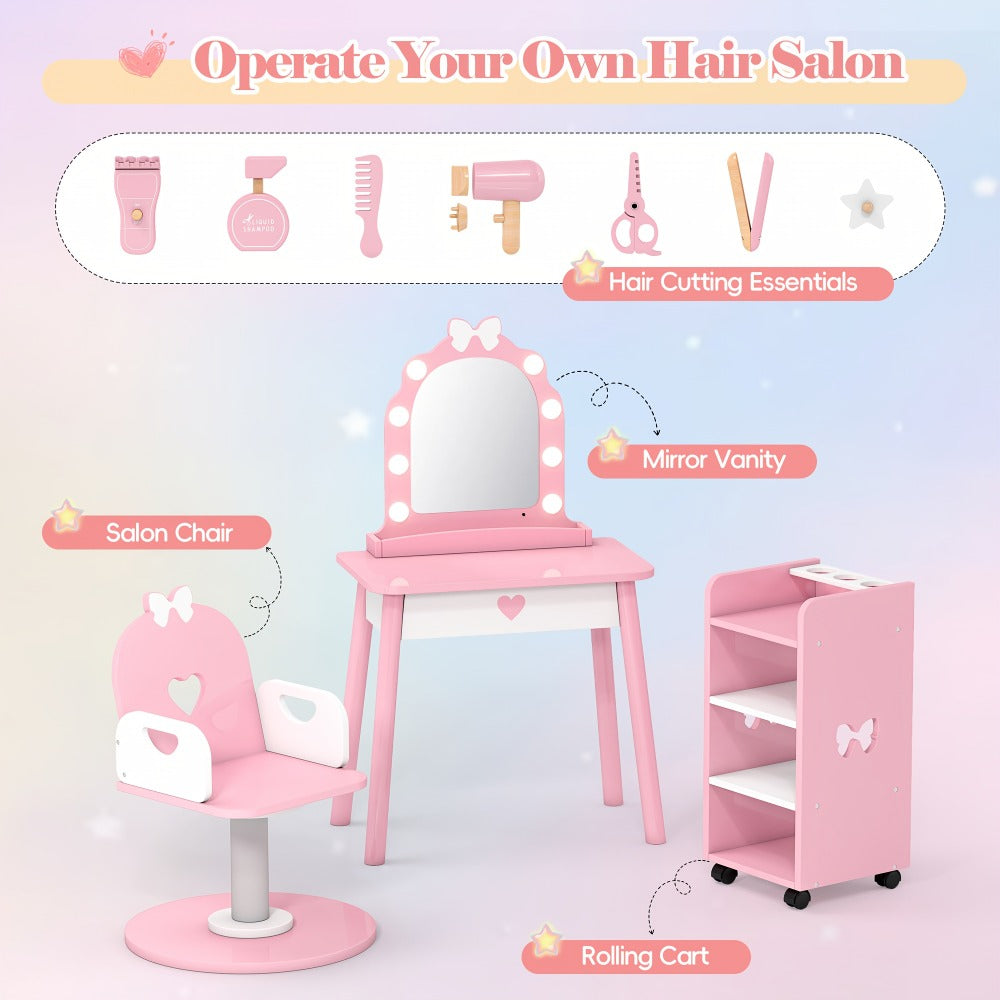 Kids Vanity Set with Light and Barber Chair, Pink Makeup Dressing Vanity Table with Storage Shelf and Hair Salon Play Set 7pcs Accessories, Pretend Play Vanity Set for Toddler Girls