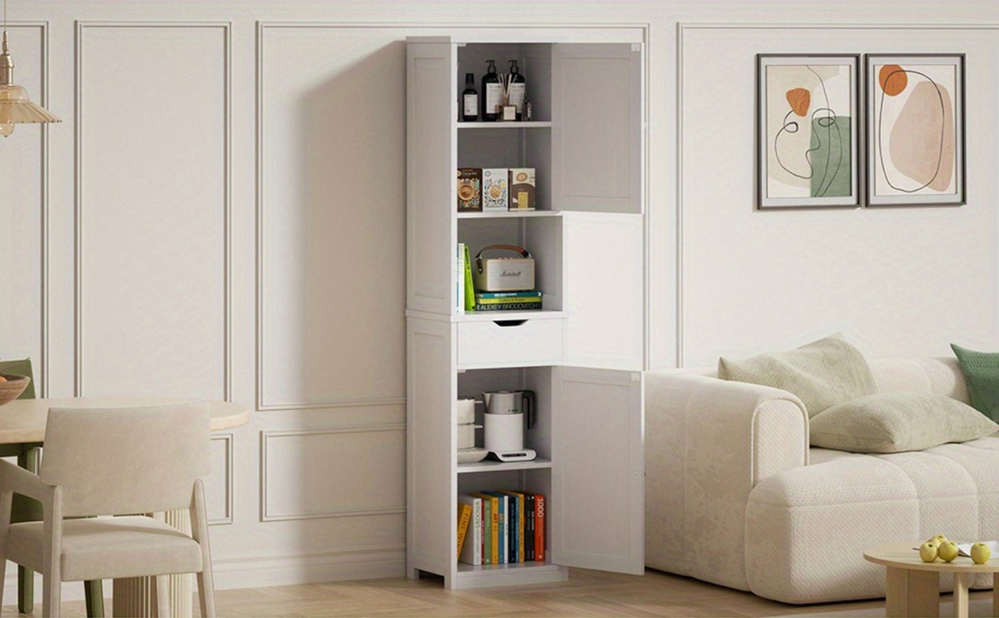 5-Tier Narrow Freestanding Storage Cabinet with 1 Drawer & 2 Doors White, Space-Saving Tower Shelf Floor Cabinet for Bathroom Kitchen Living Room Small Spaces