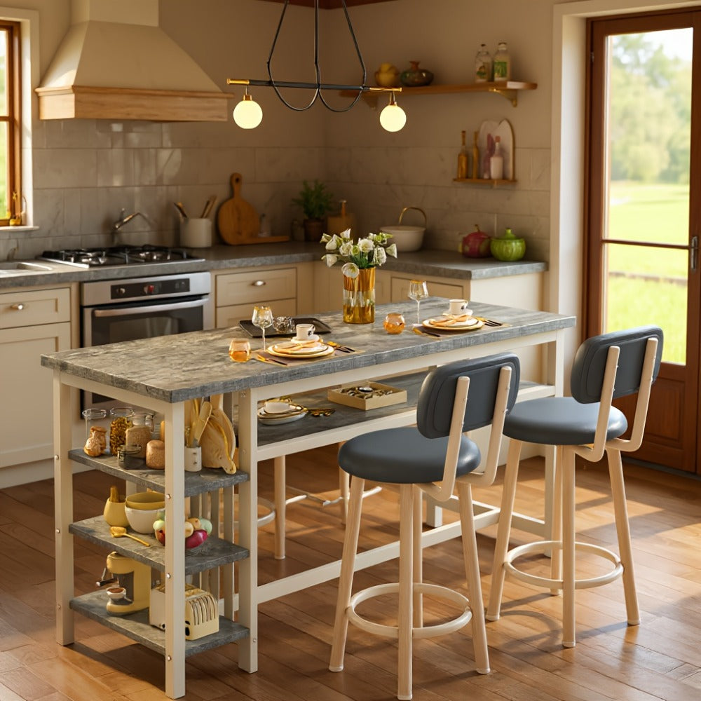 3-Piece Counter Height Dining Table Set with Faux Leather Bar Stools & Storage Shelves - Modern Farmhouse Breakfast Nook Set for Small Spaces, MDF Top & Metal Frame