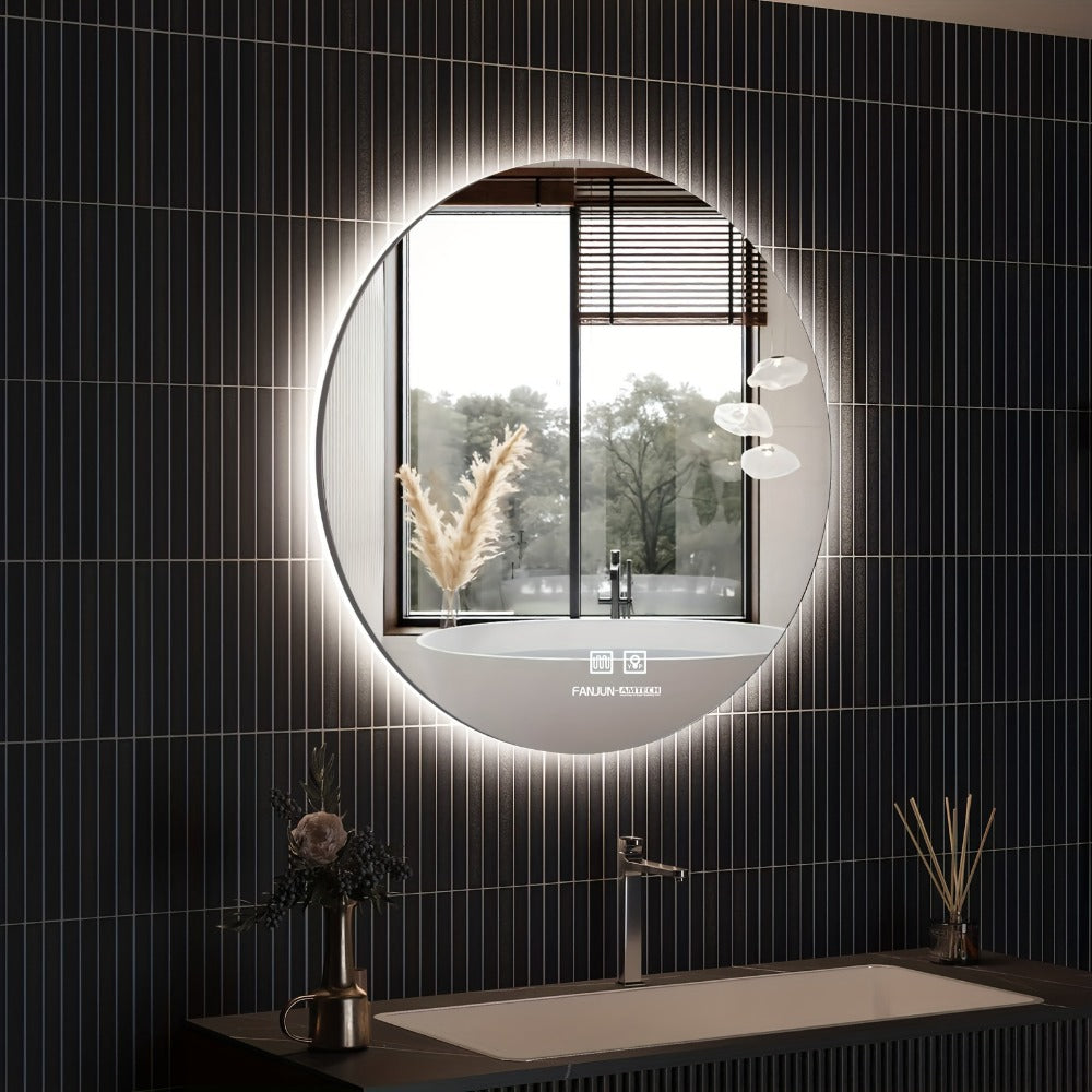 LED Bathroom Mirror with Lights 23.6 Inch Round Dimmable, Wall Mounted Vanity Mirror Tempered Glass Memory Function Plug-in Hardwired for Bathroom Makeup Modern Decor