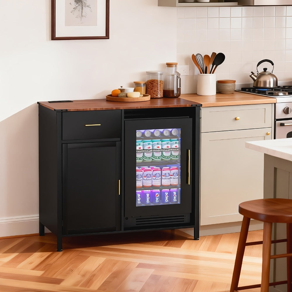 Black Coffee Bar Cabinet with Mini Fridge Compartment, 9 Bottle Wine Rack Sideboard, Modern Buffet Cabinet for Home Bar Kitchen Living Room