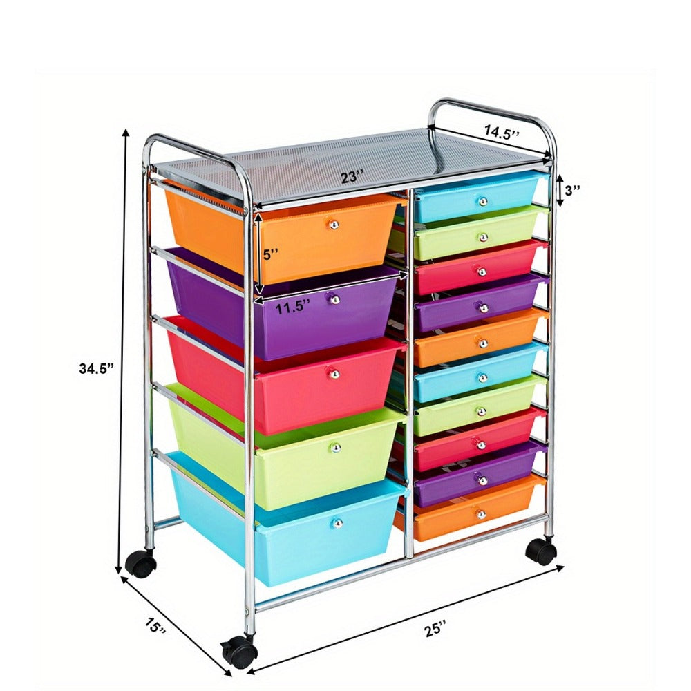 15-Drawer Rolling Storage Cart with Locking Wheels, Steel Frame & Multicolor Opaque Plastic Drawers, Space-Saving Organizer for Home Office Kitchen Bathroom, 5 Large & 10 Small Drawers