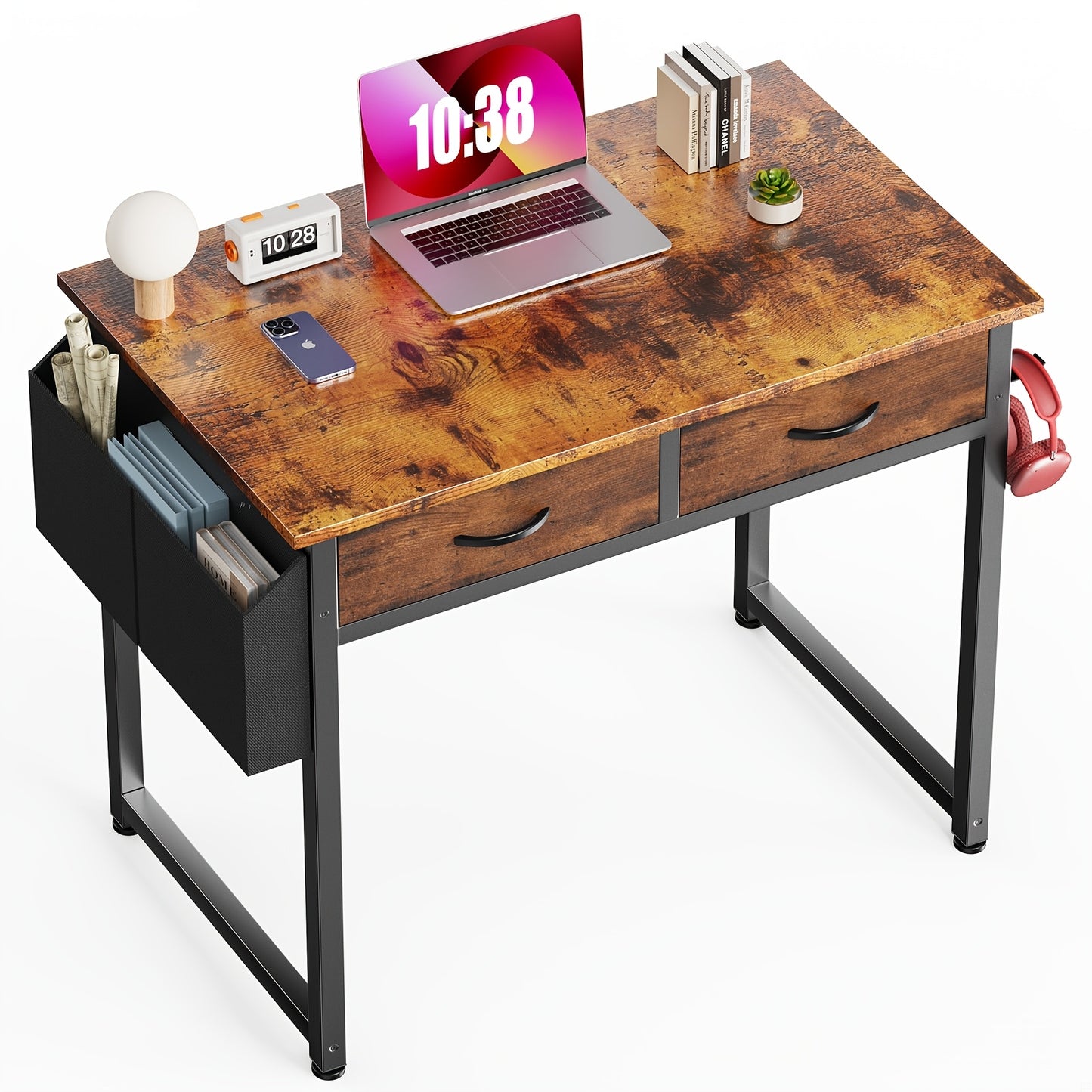 [Makeup Vanity Desk] 32" Small Makeup Vanity Desk with Storage Drawers And Side Bag, Compact Bedroom Dressing Table with Hair Dryer Hook, Modern Study Writing Desk for Small Spaces