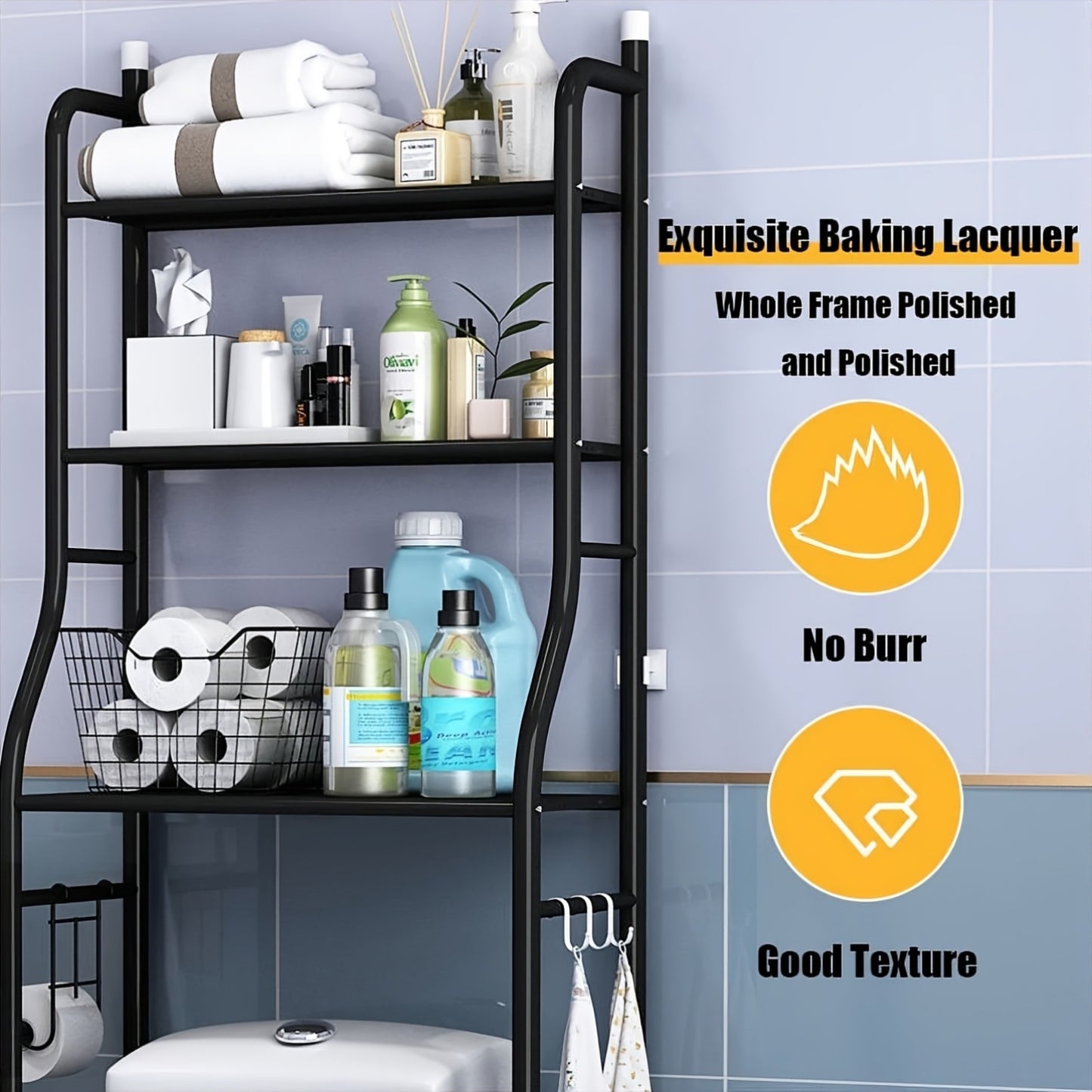 Three-Tier Storage Shelf Designed to Fit Over The Toilet, This Metal Organizer Helps Save Space in Bathrooms And Includes Four Hooks. It Can Also Be Used in Kitchens And Laundry Rooms, Providing a Freestanding Solution Without The Need for Drilling