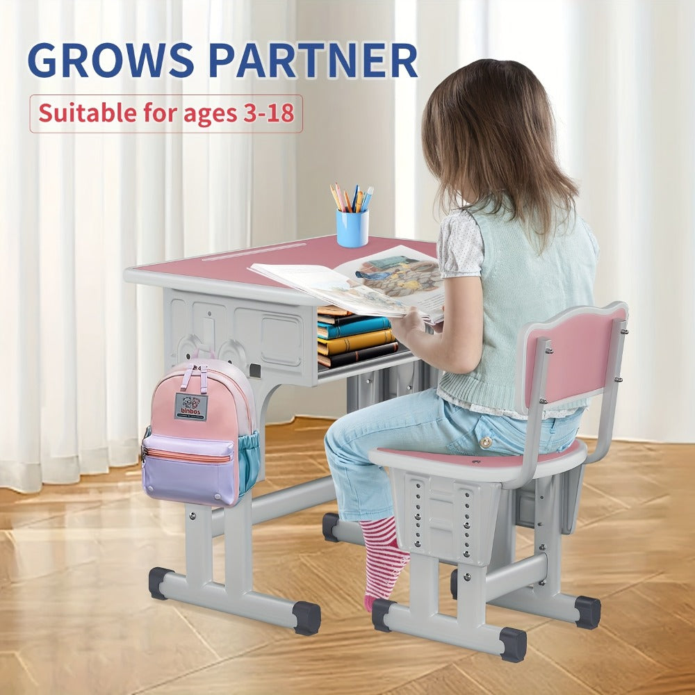 1 Set Classic Adjustable Height Youngsters Desk And Chair, Ergonomic Metal Study Table with Utility Drawer, Floor Mounted School Furniture for Youngsters Aged 3-18 Years, Ideal Christmas Gift