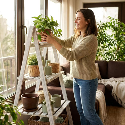 4-Tier Ladder Shelf, Wooden Plant Shelves, Ladder Bookshelf, Rustic Flower Display Rack, Wooden Display Shelves Plant Stand, Indoor Ladder Shelf For Living Room, Office, Bedroom
