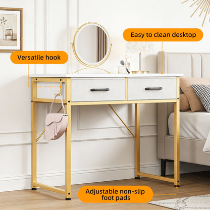 Small Computer Desk & Vanity Table with 2 Drawers & Headphone Hook - Compact Writing Desk for Home Office, Study Or Work, Modern Space-Saving Design for Small Spaces