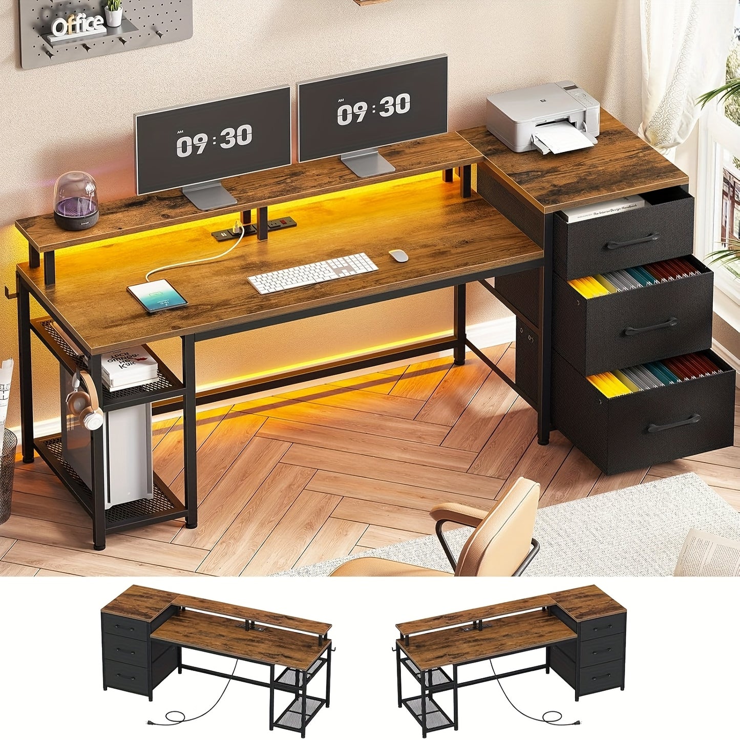 Reversible Computer Desk with Drawers, 59" Office Desk with LED Lights & Power Outlet, Home Office Desks with File Drawer & Printer Stand, Rustic Brown, Grey, Black