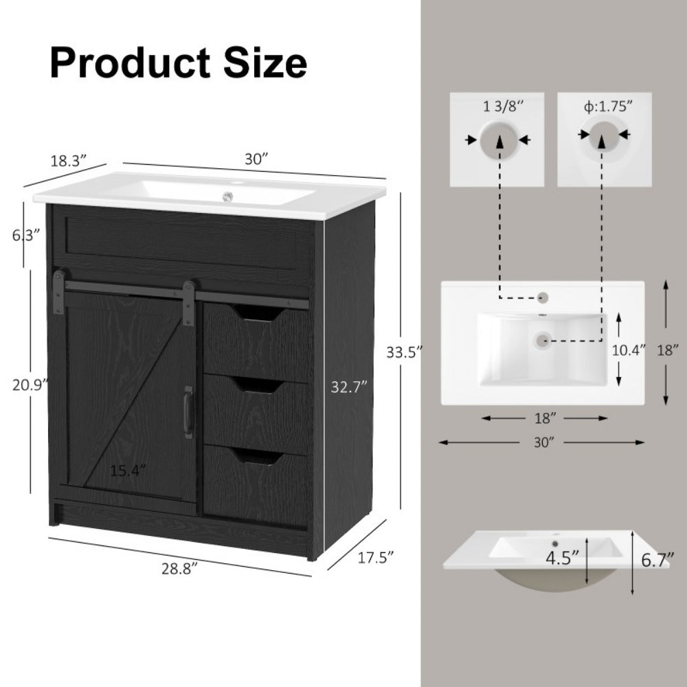 30 Inch Cottage Style Bathroom Vanity with Sink - Solid Wood Cabinet 3 Drawers Barn Door Sliding Shelf Ceramic Undermount Sink Modern Farmhouse Design
