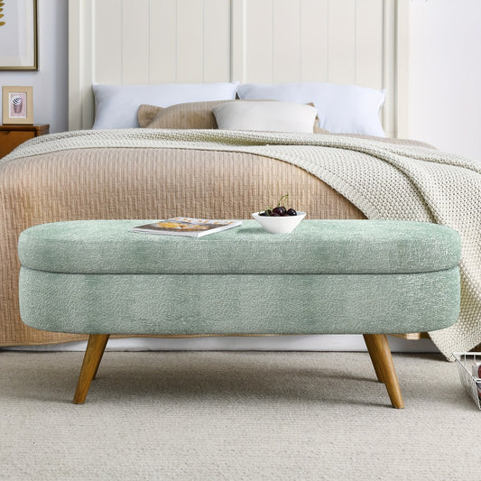 Oval Storage Bench with Linen Upholstery and Solid Wood Legs - Perfect for Hallway, Bedroom, or Living Room Organization
