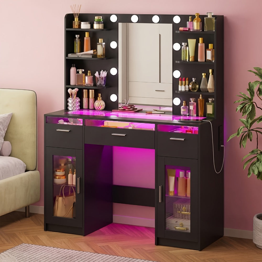 Vanity Desk with Lighted Mirror Power Strip and 10 Bulbs - Makeup Table with 2 Drawers Storage Cabinet 3-Color Adjustable Lighting in White