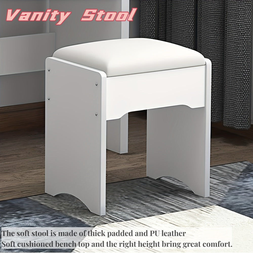 Vanity Dressing Table with Sliding Mirror & Cushioned Stool | 4 Drawers, 3 Shelves, Mirror Cabinet, White Bedroom Makeup Desk for Small Spaces
