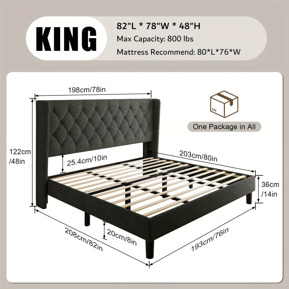 Modern Platform Bed Frame with 24-Inch Button-Tufted Headboard – Solid Wood Slats, Artistic Legs, Linen & Velvet, Dark Gray Light Grey Beige White Black, Full Queen King