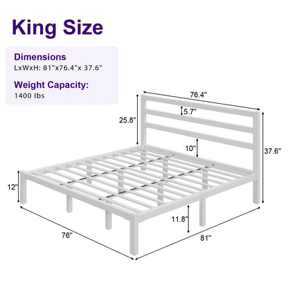 Metal Platform Bed Frame with Slatted Headboard – Under Bed Storage, No Box Spring Needed, Sturdy Metal Slats, Black White, Twin Full Queen King