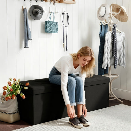 Storage Ottoman Bench with Storage Upholstered Leather & Linen 30 31.5 43.5 Inch Bedroom Living Room Entryway Closet Lift Top Hidden Compartment Footrest Seat Black Gray