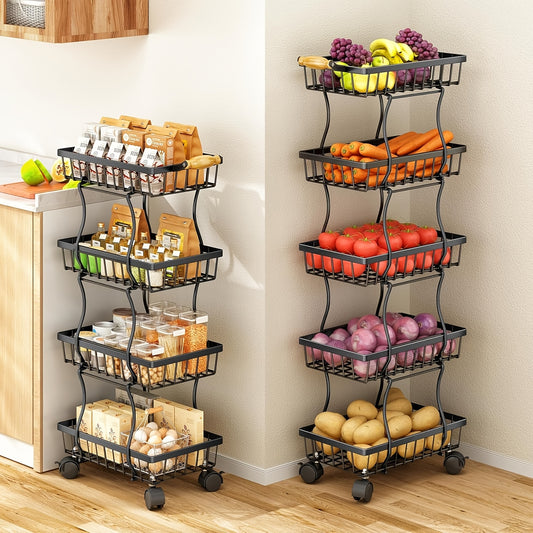 [Stackable Metal Storage Cart] 4/5 Layer Fruit And Vegetable Basket, Stackable Metal Storage Cart (With Wheels), Rotating Storage Rack, Narrow Gap Cart, Corner Rack, Open Shelf | Suitable For Kitchen, Pantry, Bathroom, Floor Standing Food Storage Machine