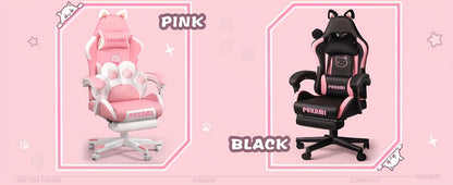 Gaming Chair with Cat Ears And Cat Paw Cushion Pillow, Cute Computer Chair for Girl with Footrest, Ergonomic Gamer Chair, Kawaii Gaming Chair, Reclining Game