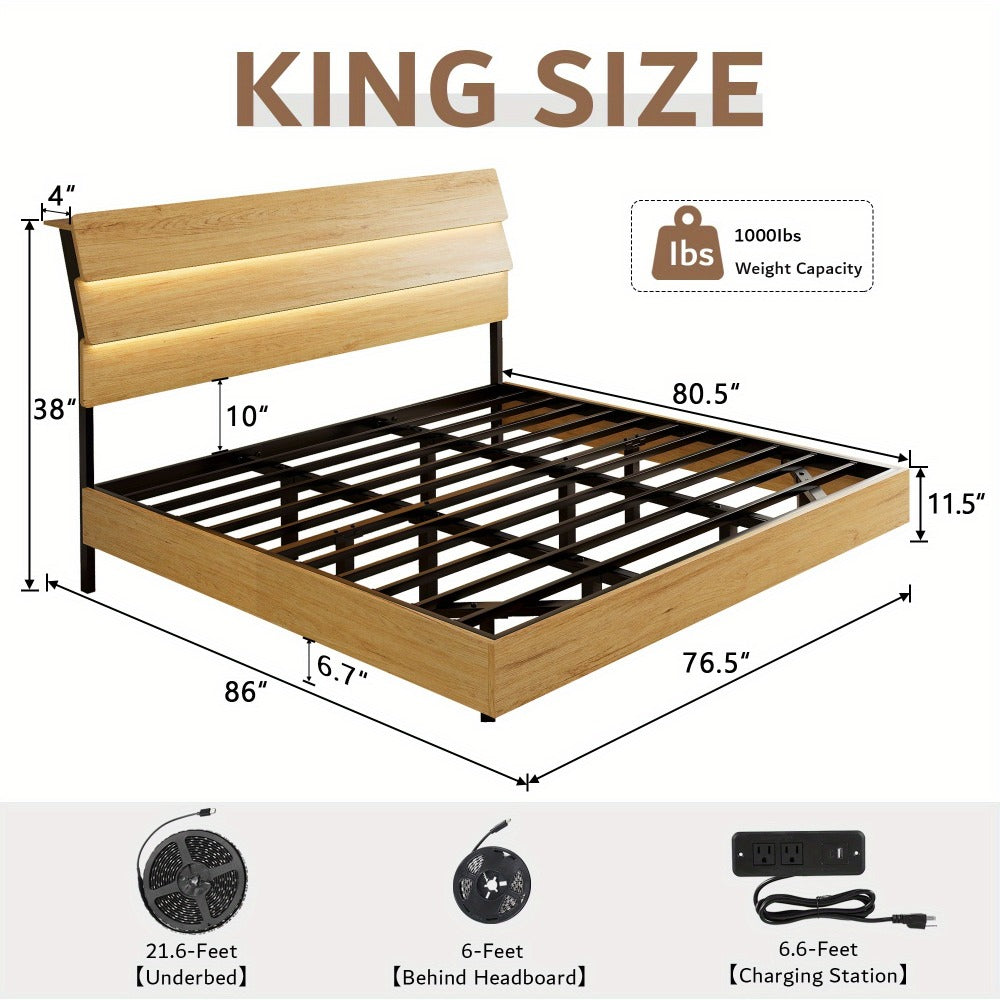 Floating Bed Frame with LED Lights Built-In Charging Station Wooden Headboard Heavy-Duty Metal Support Easy Assembly Bedroom Furniture