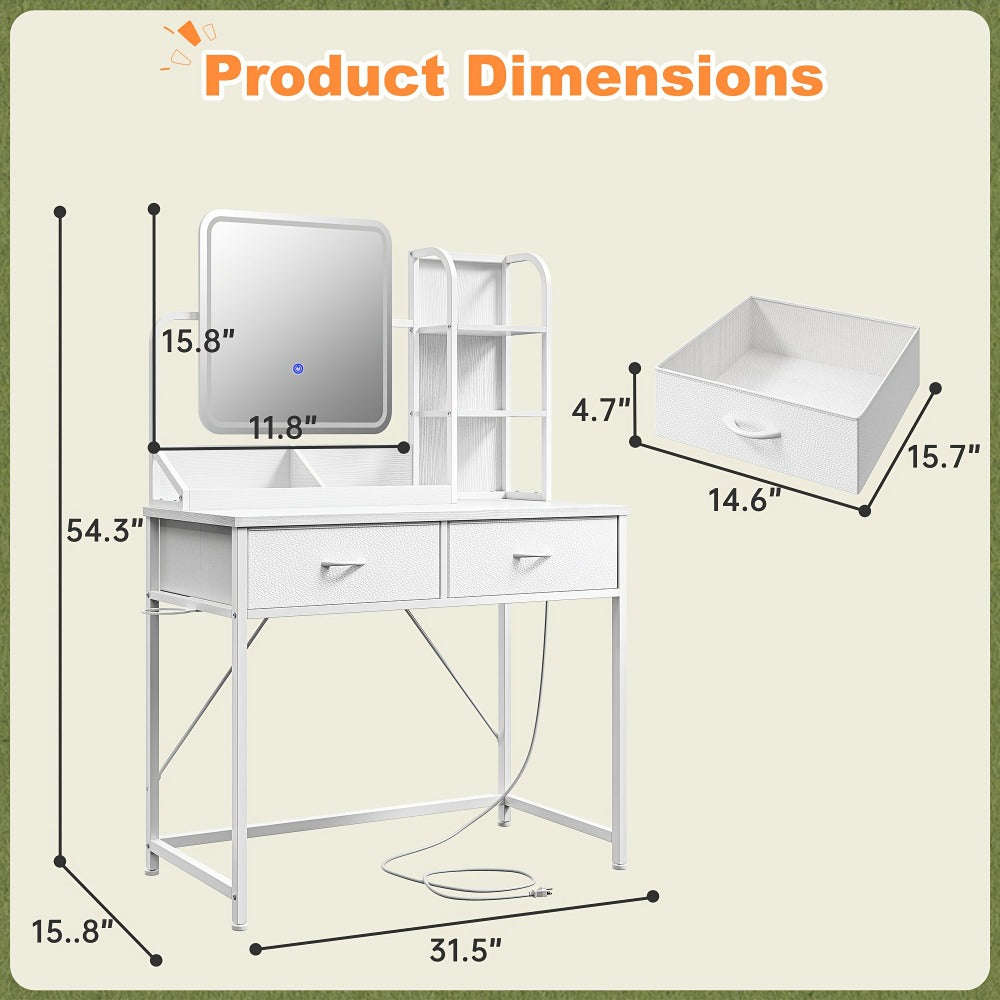 Vanity Desk with Lighted Mirror and Power Strip 5 Large Drawers 3 Color LED Lights Hair Dryer Rack Makeup Dressing Table Set Black White