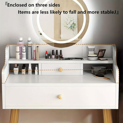 [Adjustable Makeup Table] Vanity Desk, Makeup Vanity Desk With Mirror And Lights, Makeup Vanity Desk With Drawer, Adult Bedside Table Dressing Table, Brightness Adjustable Makeup Table For Bedroom Small Space