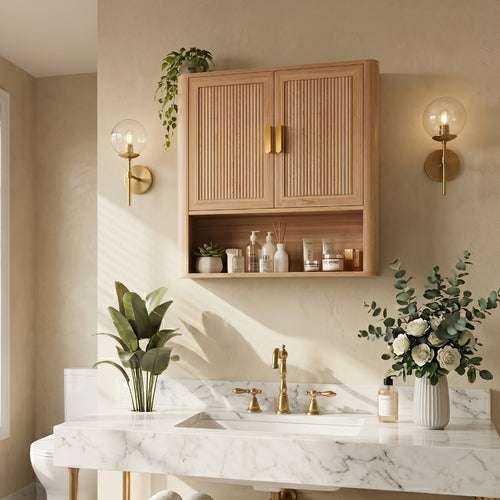 Modern Fluted Bathroom Wall Cabinet, 2-Door Medicine Cabinet with Golden Handles, Wall Mounted Storage Organizer Over The Toilet for Laundry Room & Kitchen