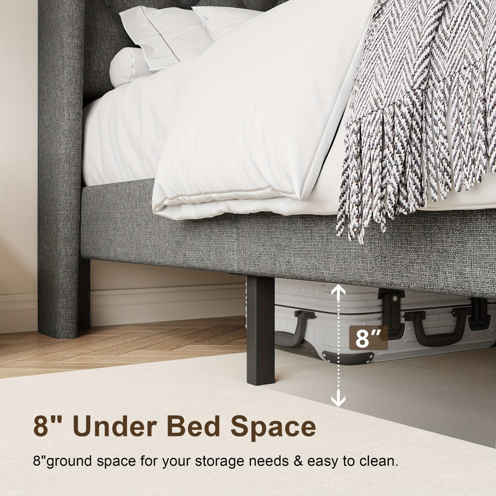 Modern Platform Bed Frame with 24-Inch Button-Tufted Headboard – Solid Wood Slats, Artistic Legs, Linen & Velvet, Dark Gray Light Grey Beige White Black, Full Queen King