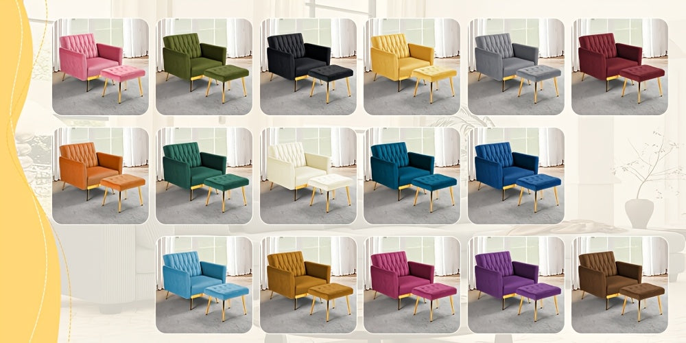 ACMEASE 31.5" Velvet Upholstered Single Chair with Adjustable Armrest And Back, Comfy Armchair with Movable Ottoman, Tufted Accent Chair with Soft Pillow for Living Room