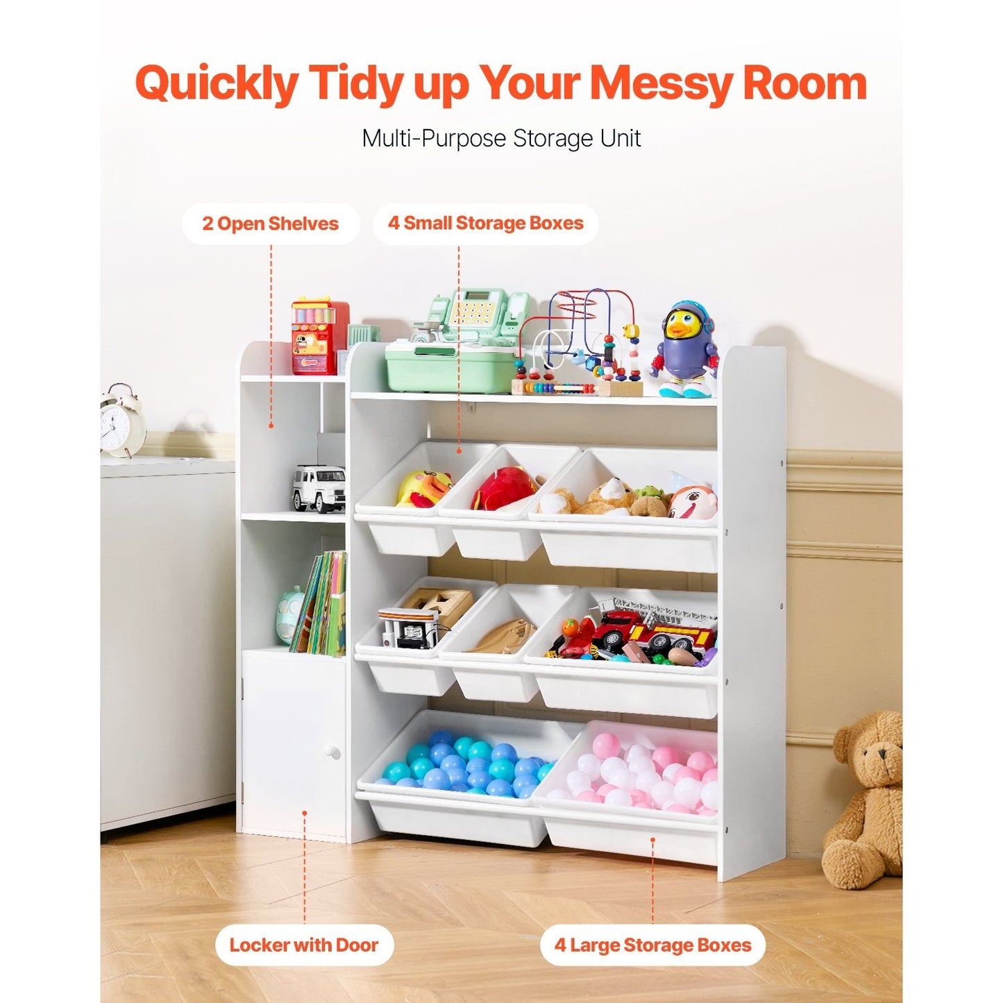 VEVOR 4-Tier Kids Toy Storage and Bookshelf with 8 Flexible Plastic Bins White 44-48inch/54-58inch