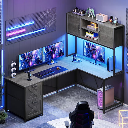 L-shaped Desk with Drawers, 62.2-inch Home Office Desk Featuring Fabric File Drawers and Power Outlets, L-shaped Desk with Storage Cabinet, Storage Shelf, LED Light