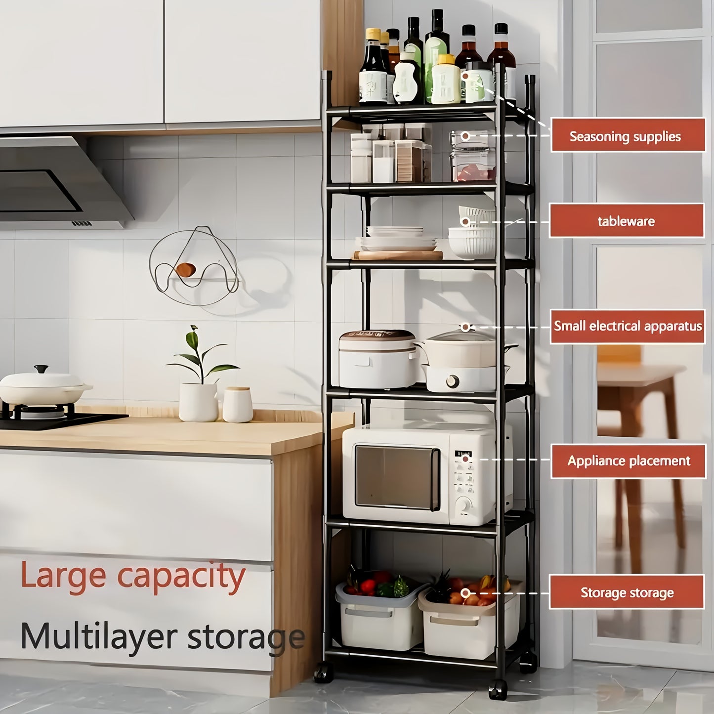 Compact 6-Tier Metal Rolling Cart with Hooks, Adjustable Shelf Height, Multi-Purpose Storage Organizer for Kitchen Utensils & Condiments, Bedroom, Bathroom & Laundry Room, Open-Style Space-Saving Modular Utility Cart
