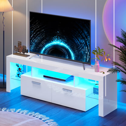 71" High Gloss White TV Stand with LED Lights for 55/65/75/80 Inch TVs, Gaming Entertainment Center with Cabinet for PS5, Modern Media Console Table with Glass Shelves for Living Room, Game Room, Bedroom