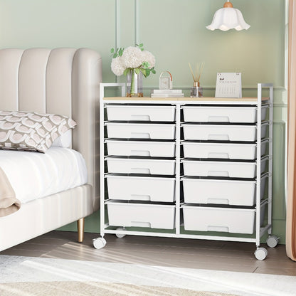 12 Drawer Rolling Storage Cart with Tabletop & Locking Wheels - Mobile Organizer Cabinet for Craft Room, Home Office, Classroom & Art Studio | 8 Small + 4 Large Drawers, Metal Frame | White Rainbow Green
