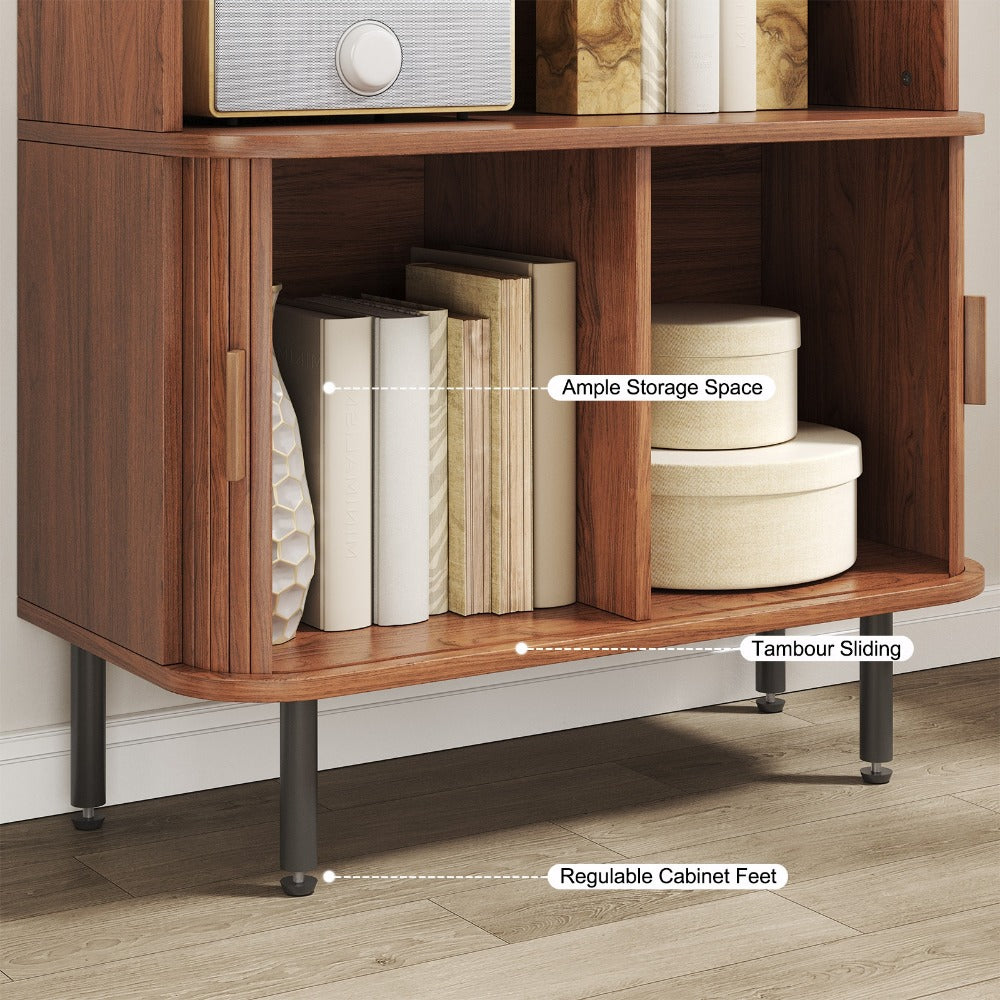 71 Inch Tall Bookcase with Sliding Doors 4 Shelves Storage Cabinet Adjustable Shelves Walnut Mid-Century Modern Home Office Living Room