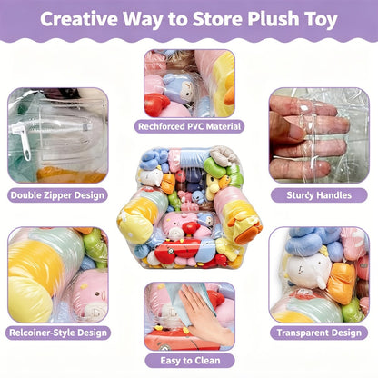 Large Capacity Transparent PVC Plush Toy Storage Sofa - Stuffed Animal and Doll Organizer for Toy Room and Playroom Easy Clean Durable