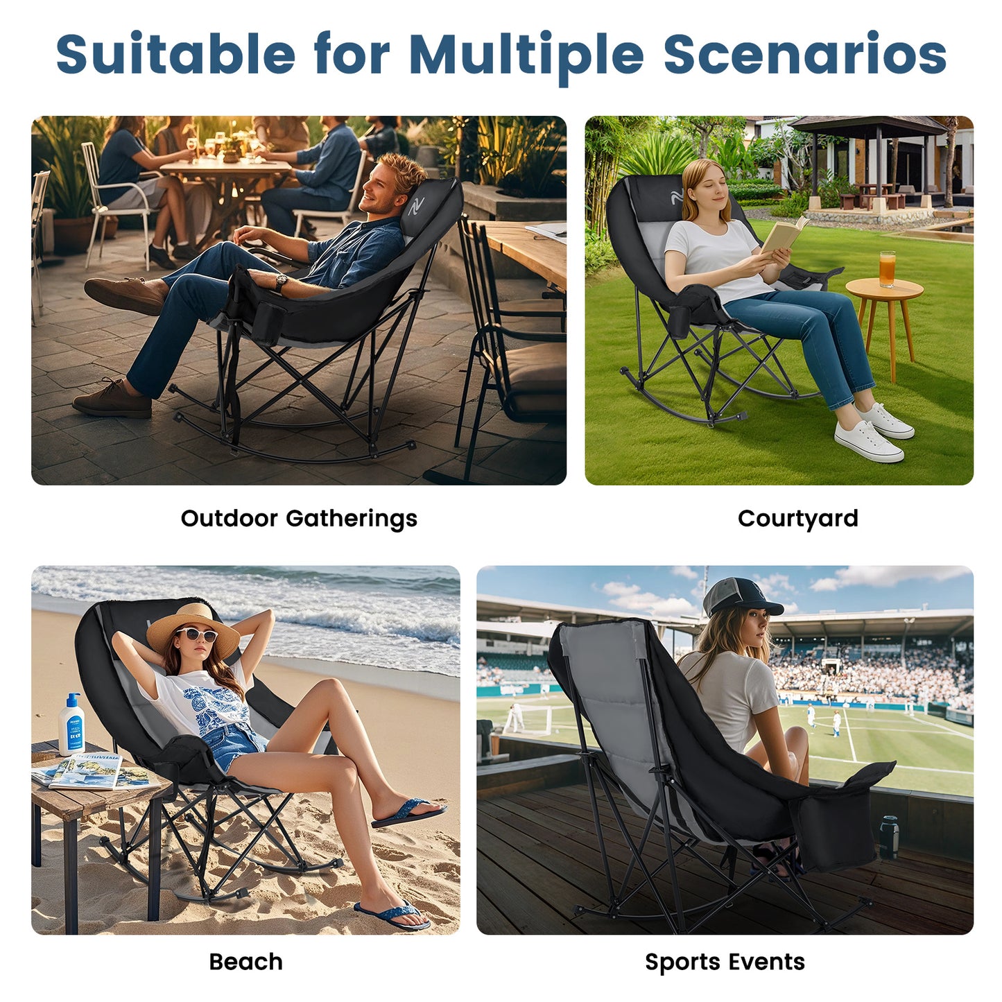 Oversized Rocking Camping Chair, Fully Padded Patio Chair with Cooler Bag and Side Pocket, High Back Portable Lawn Recliner Rocker Chairs for Camp, Patio, Supports 400 lbs