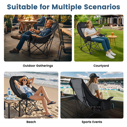 Oversized Rocking Camping Chair, Fully Padded Patio Chair with Cooler Bag and Side Pocket, High Back Portable Lawn Recliner Rocker Chairs for Camp, Patio, Supports 400 lbs