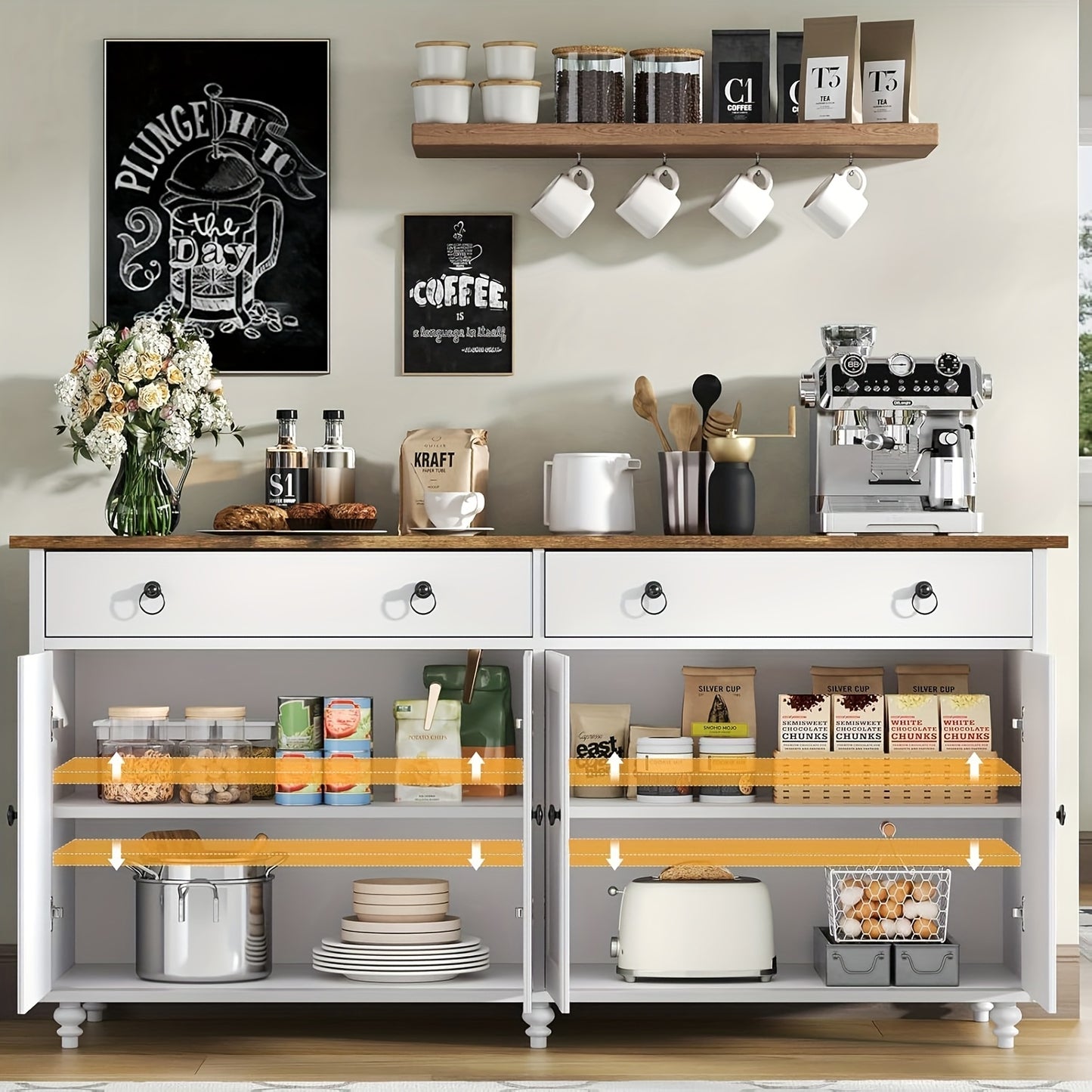 55-Inch Sideboard Buffet Unit, Mid-Century Kitchen Storage Cabinet Featuring 2 Drawers And 4 Doors, Coffee Bar Storage Cabinet