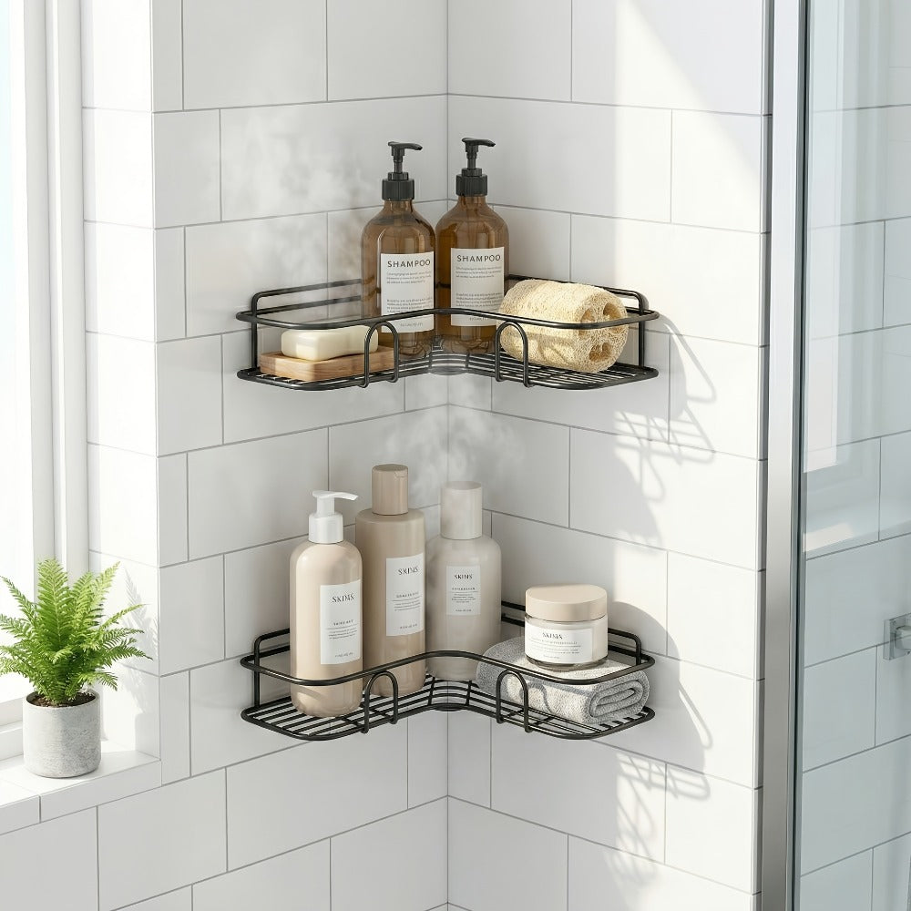 4pcs Bathroom Corner Shelf Set - Wall-Mounted Storage Rack for Shower And Kitchen, Home Use in Black Metal Without Drilling