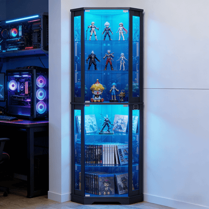Corner Display Cabinet 6 Tier with 3-Color LED Light & Motion Sensor, Glass Storage Cabinet for Figurines Books Vinyl Records, Living Room Bedroom Game Room Organizer Black