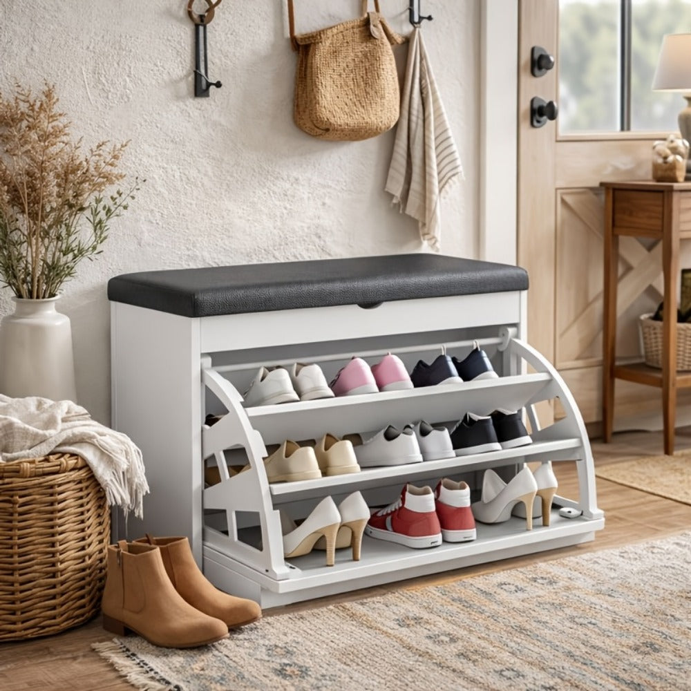 Shoe Cabinet Storage Stool with Hidden Compartment & Thickened Cushion – Compact Entryway Bench for Corridor, Living Room & Door, White & Wood