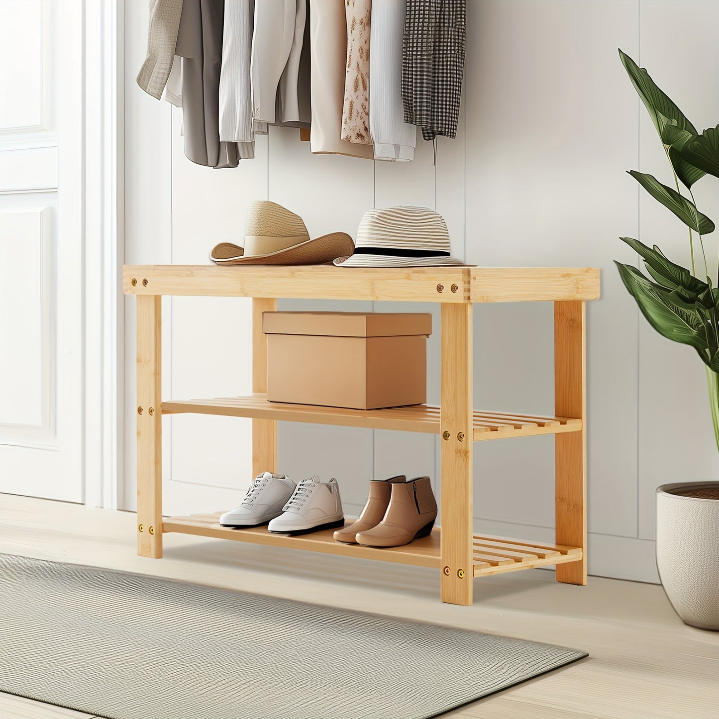 3-Tier Bamboo Shoe Rack Bench, Compact Storage Organizer, 286lb Capacity, Suitable For Entryway Bedroom Living Room Balcony, Brown, Wood, Brown And Black Color