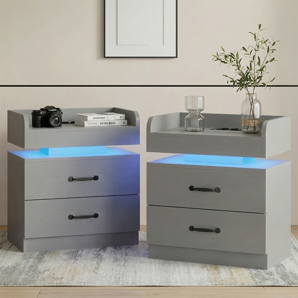 Nightstand with LED Lights & Charging Station – 2 Drawers Bedside Table, Modern End Table for Bedroom Living Room, White Black Grey, 1pc or 2pcs Set